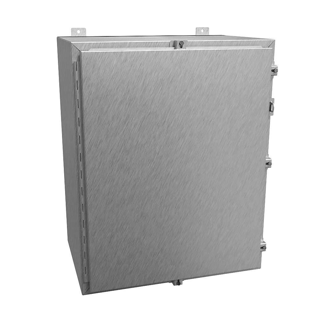 1418N4S16K16 - Hammond enclosure, NEMA 3R/4/4X/12/13, 30 x 24 x 16in (HxWxD), wall mount, 316 stainless steel, #4 brush finish, single-door, stainless steel clamps, padlock hasp and staple.