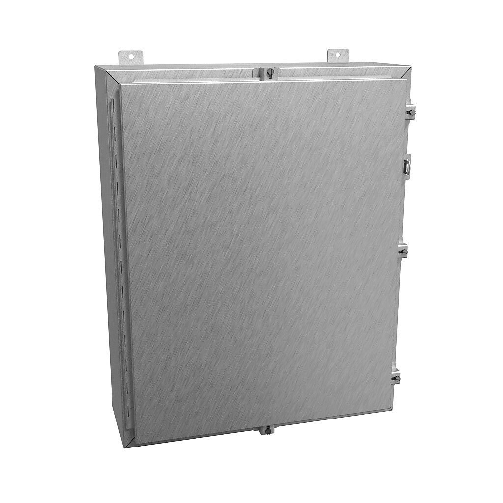 1418N4S16K8 - Hammond enclosure, NEMA 3R/4/4X/12/13, 30 x 24 x 8in (HxWxD), wall mount, 316 stainless steel, #4 brush finish, single-door, stainless steel clamps, padlock hasp and staple.