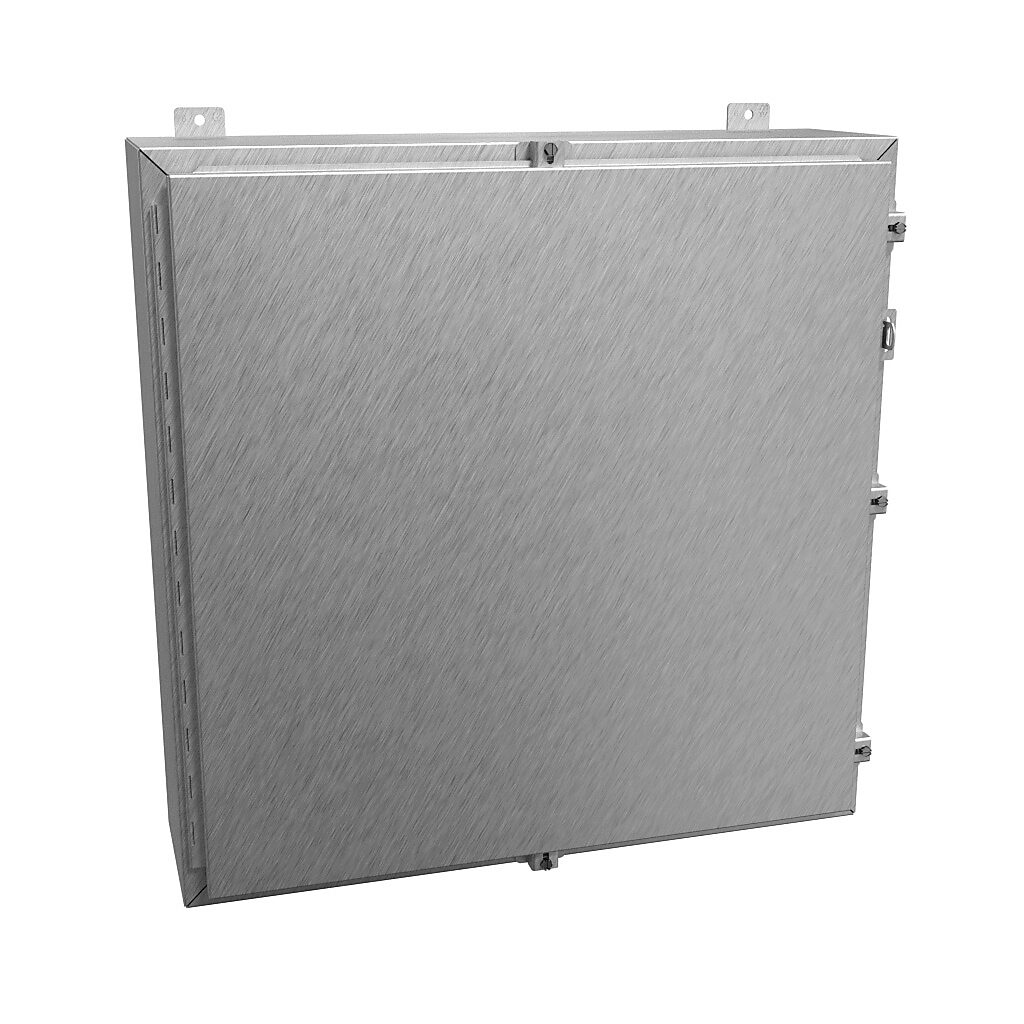 1418N4S16KK8 - Hammond enclosure, NEMA 3R/4/4X/12/13, 30 x 30 x 8in (HxWxD), wall mount, 316 stainless steel, #4 brush finish, single-door, stainless steel clamps, padlock hasp and staple.