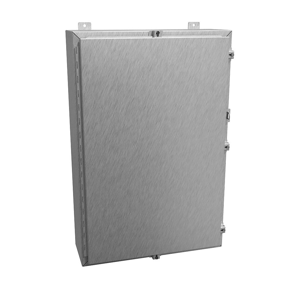 1418N4S16L8 - Hammond enclosure, NEMA 3R/4/4X/12/13, 36 x 24 x 8in (HxWxD), wall mount, 316 stainless steel, #4 brush finish, single-door, stainless steel clamps, padlock hasp and staple.