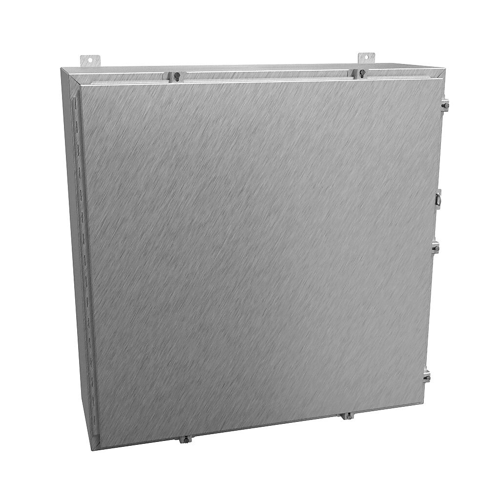 1418N4S16LL12 - Hammond enclosure, NEMA 3R/4/4X/12/13, 36 x 36 x 12in (HxWxD), wall mount, 316 stainless steel, #4 brush finish, single-door, stainless steel clamps, padlock hasp and staple.