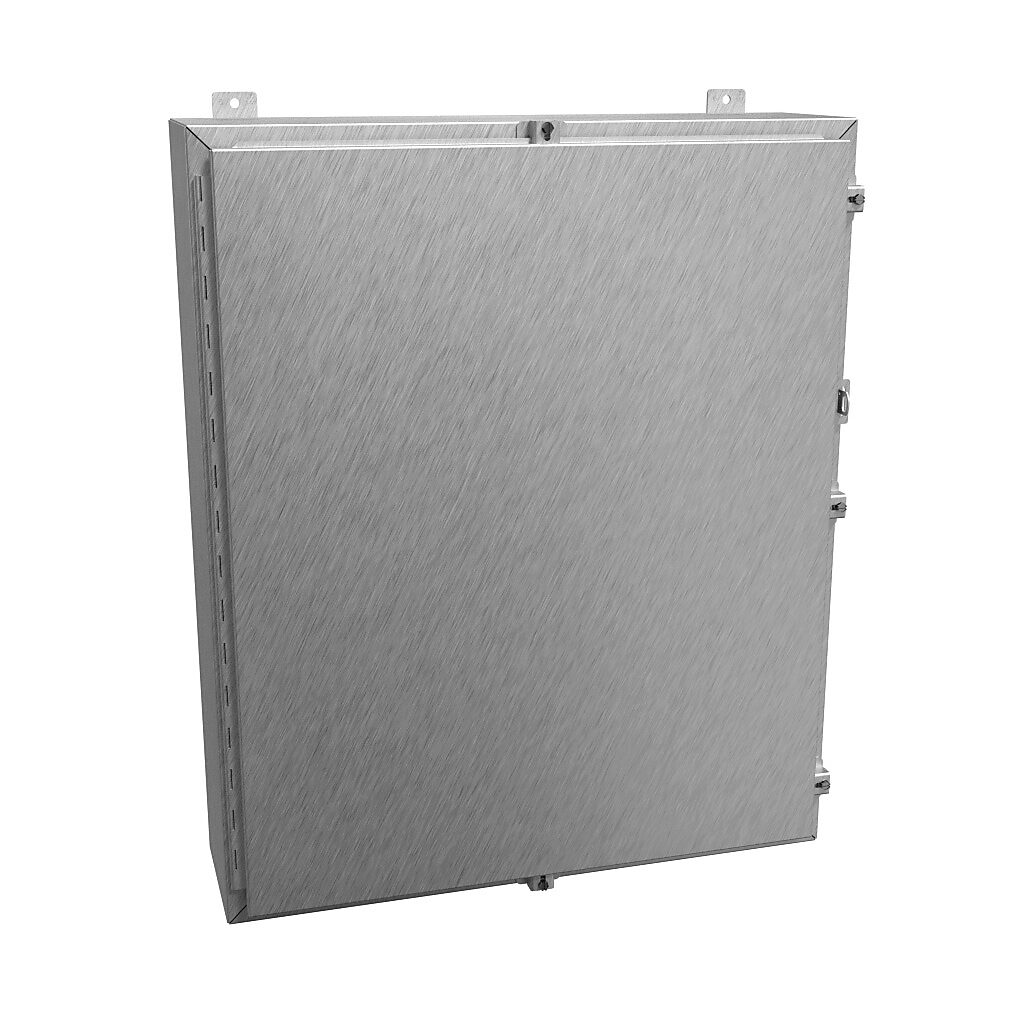 1418N4S16M8 - Hammond enclosure, NEMA 3R/4/4X/12/13, 36 x 30 x 8in (HxWxD), wall mount, 316 stainless steel, #4 brush finish, single-door, stainless steel clamps, padlock hasp and staple.