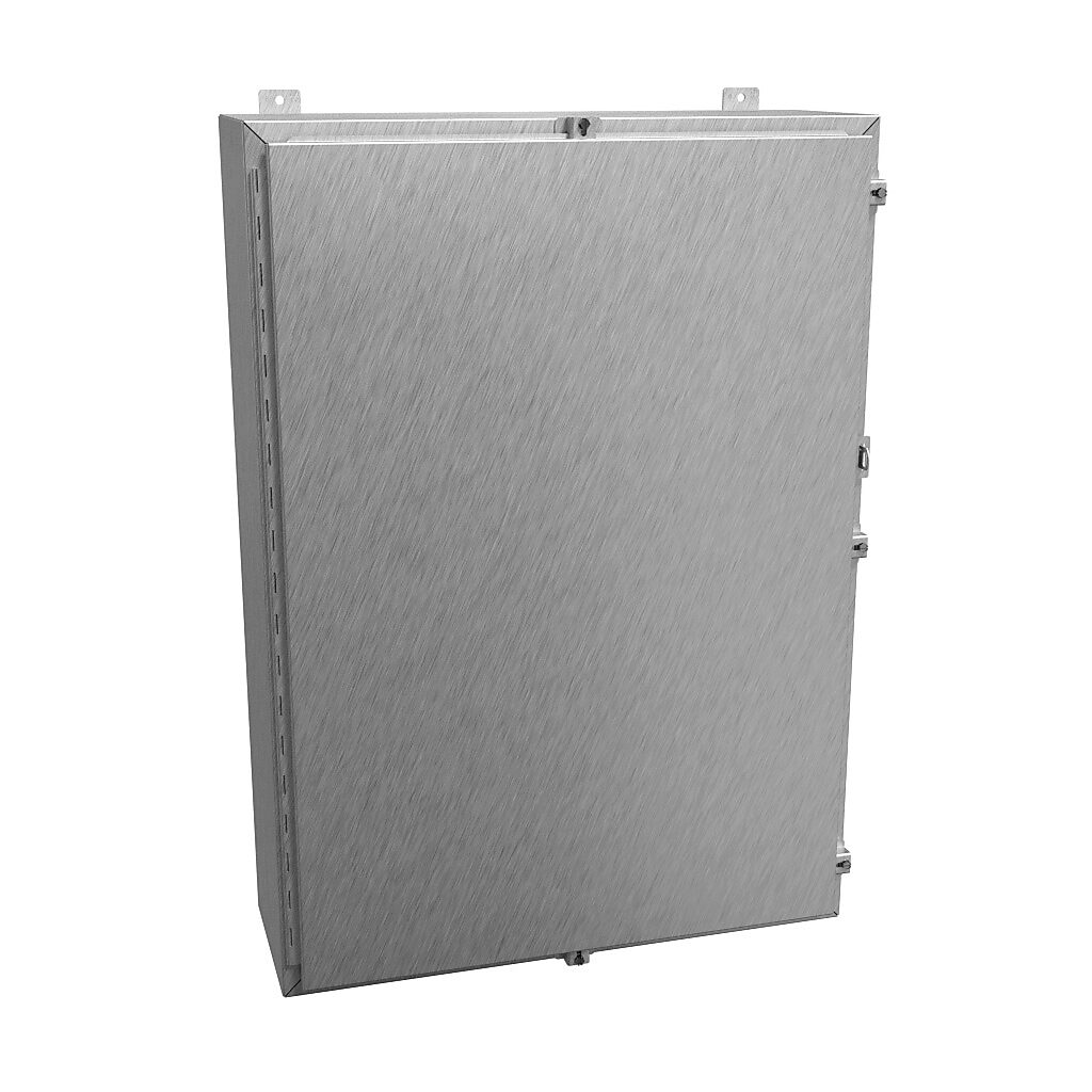 1418N4S16O10 - Hammond enclosure, NEMA 3R/4/4X/12/13, 42 x 30 x 10in (HxWxD), wall mount, 316 stainless steel, #4 brush finish, single-door, stainless steel clamps, padlock hasp and staple.