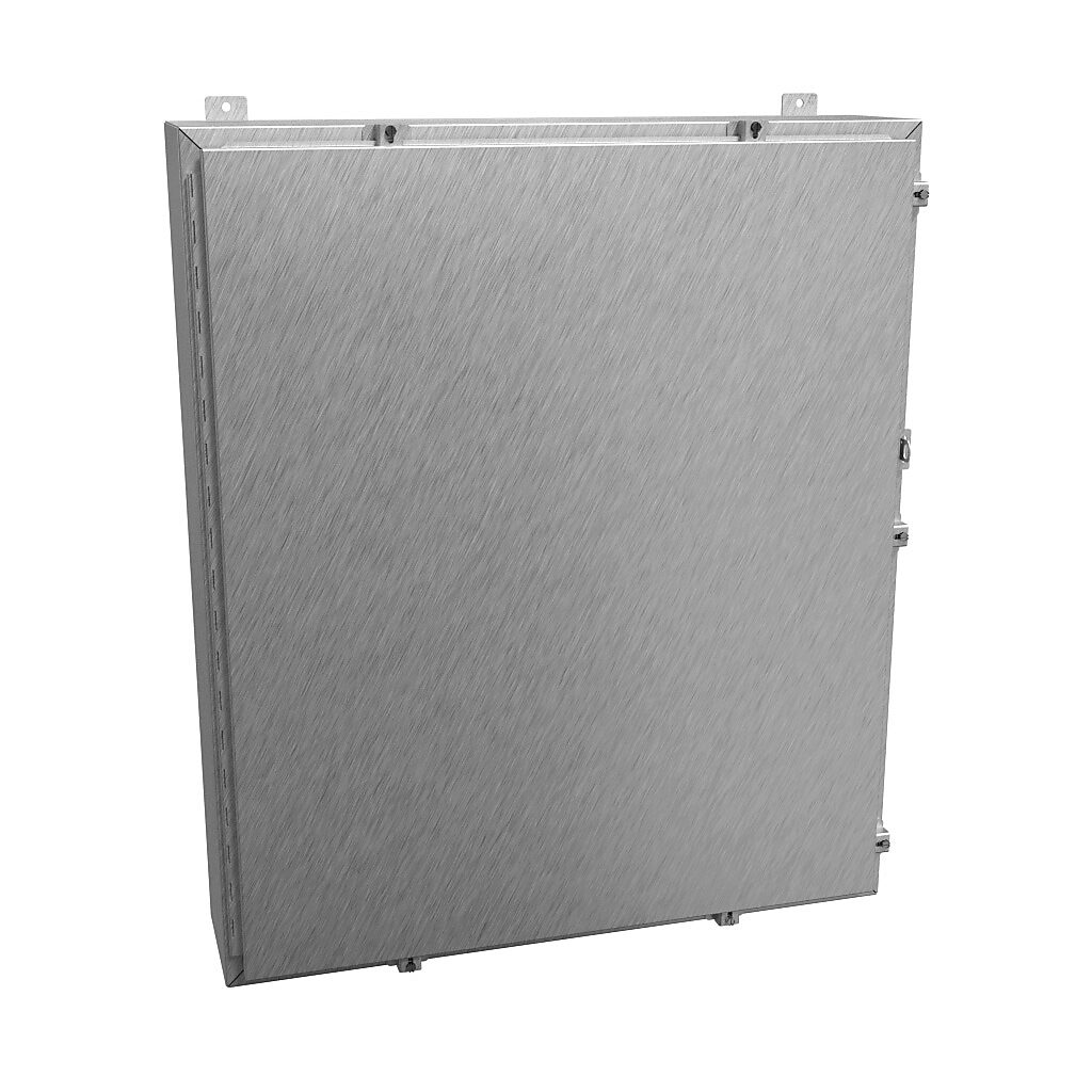 1418N4S16P8 - Hammond enclosure, NEMA 3R/4/4X/12/13, 42 x 36 x 8in (HxWxD), wall mount, 316 stainless steel, #4 brush finish, single-door, stainless steel clamps, padlock hasp and staple.