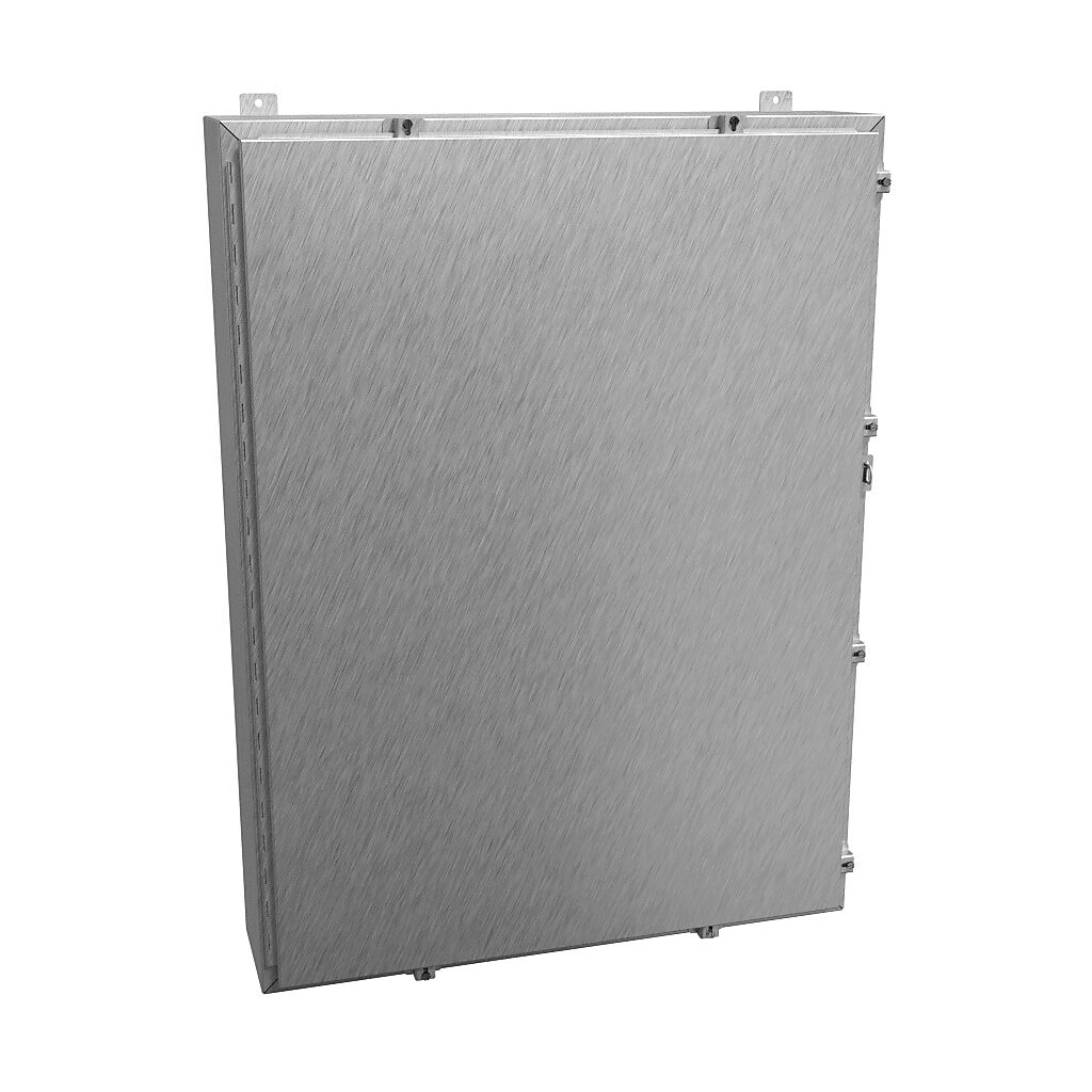 1418N4S16S8 - Hammond enclosure, NEMA 3R/4/4X/12/13, 48 x 36 x 8in (HxWxD), wall mount, 316 stainless steel, #4 brush finish, single-door, stainless steel clamps, padlock hasp and staple.