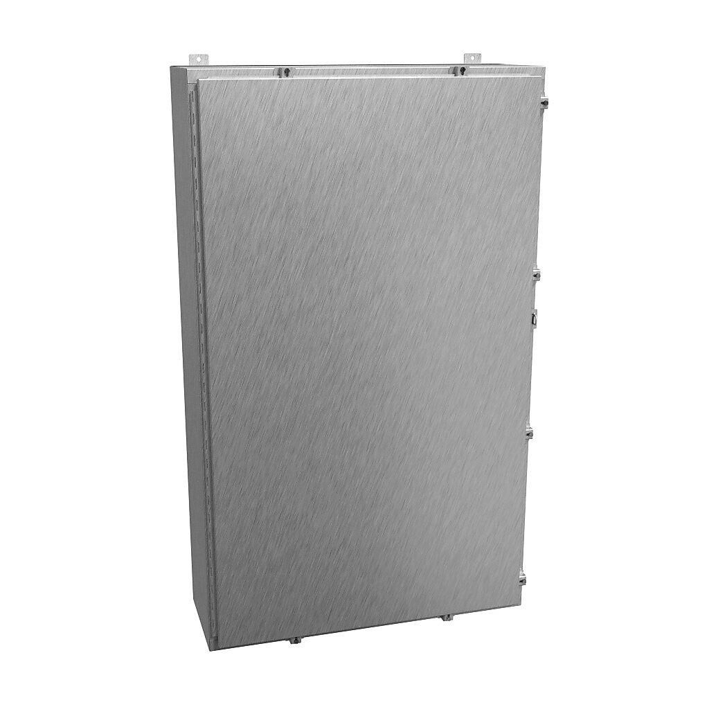 1418N4S16T12 - Hammond enclosure, NEMA 3R/4/4X/12/13, 60 x 36 x 12in (HxWxD), wall mount, 316 stainless steel, #4 brush finish, single-door, stainless steel clamps, padlock hasp and staple.