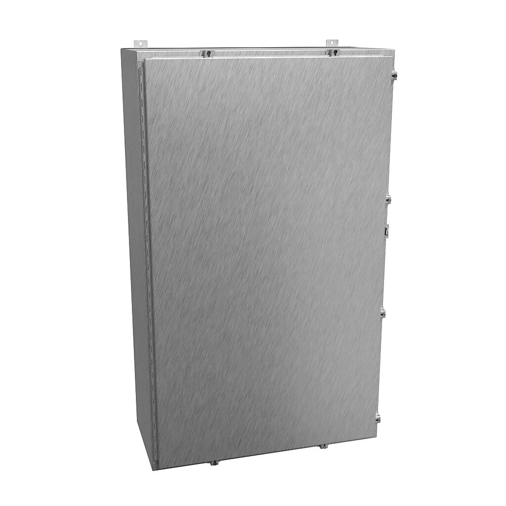 1418N4S16T16 - Hammond enclosure, NEMA 3R/4/4X/12/13, 60 x 36 x 16in (HxWxD), wall mount, 316 stainless steel, #4 brush finish, single-door, stainless steel clamps, padlock hasp and staple.