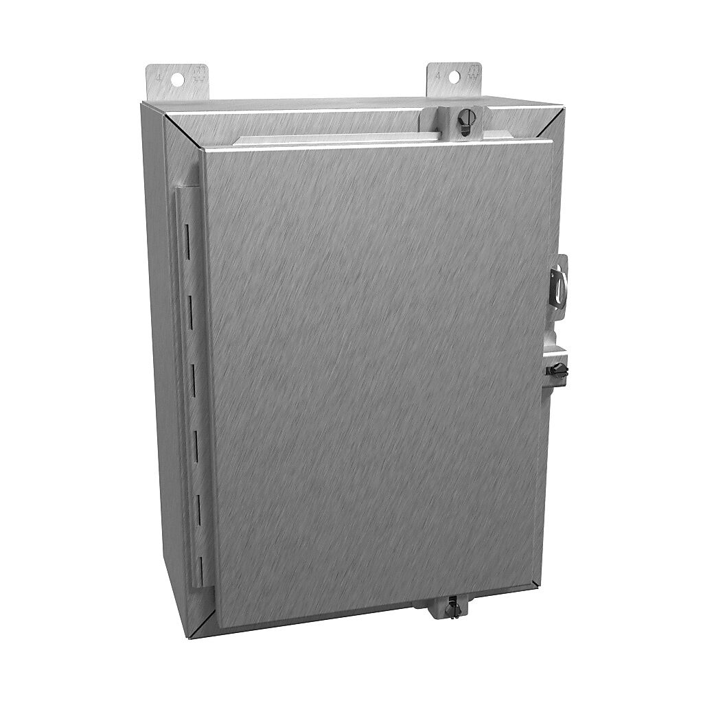 1418N4SSB6 - Hammond enclosure, NEMA 3R/4/4X/12/13, 16 x 12 x 6in (HxWxD), wall mount, 304 stainless steel, #4 brush finish, single-door, stainless steel clamps, padlock hasp and staple.