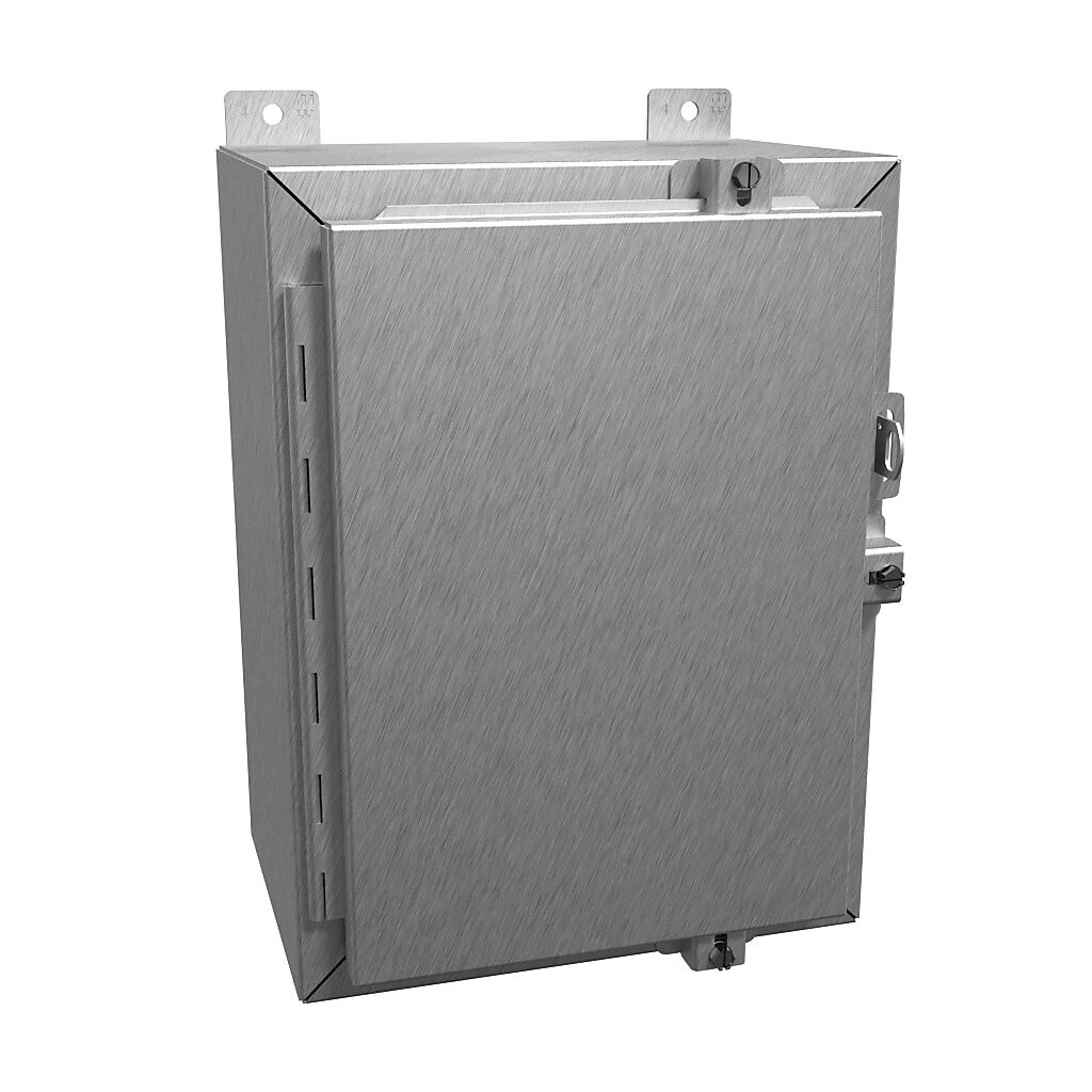 1418N4SSB8 - Hammond enclosure, NEMA 3R/4/4X/12/13, 16 x 12 x 8in (HxWxD), wall mount, 304 stainless steel, #4 brush finish, single-door, stainless steel clamps, padlock hasp and staple.