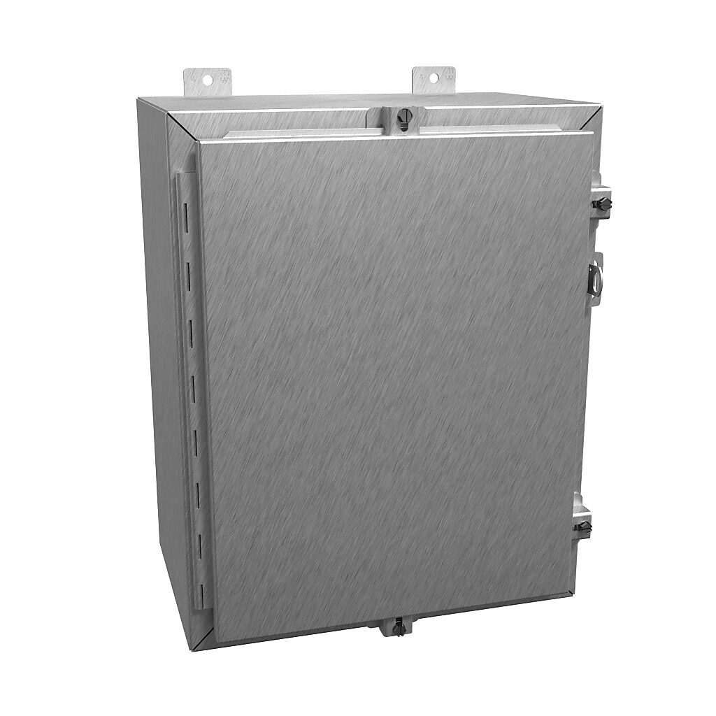 1418N4SSC10 - Hammond enclosure, NEMA 3R/4/4X/12/13, 20 x 16 x 10in (HxWxD), wall mount, 304 stainless steel, #4 brush finish, single-door, stainless steel clamps, padlock hasp and staple.