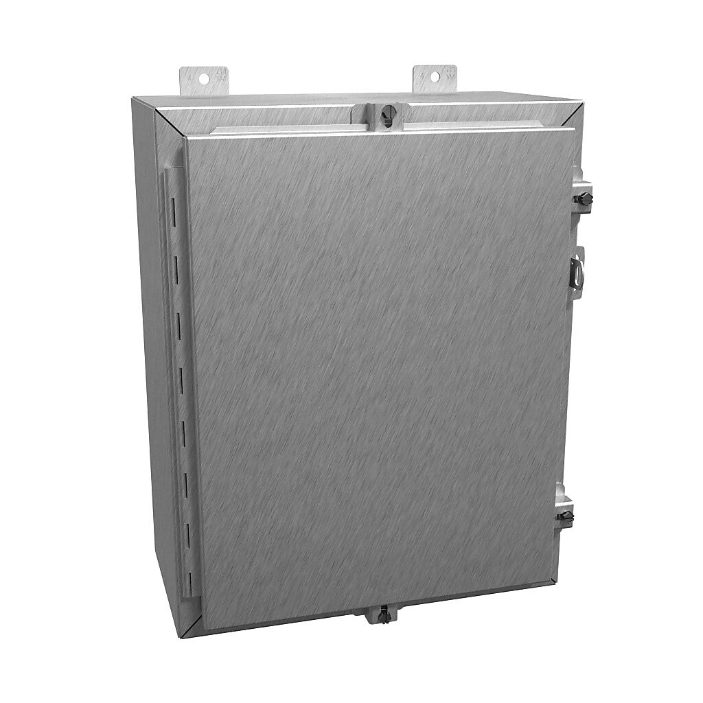 1418N4SSC8 - Hammond enclosure, NEMA 3R/4/4X/12/13, 20 x 16 x 8in (HxWxD), wall mount, 304 stainless steel, #4 brush finish, single-door, stainless steel clamps, padlock hasp and staple.