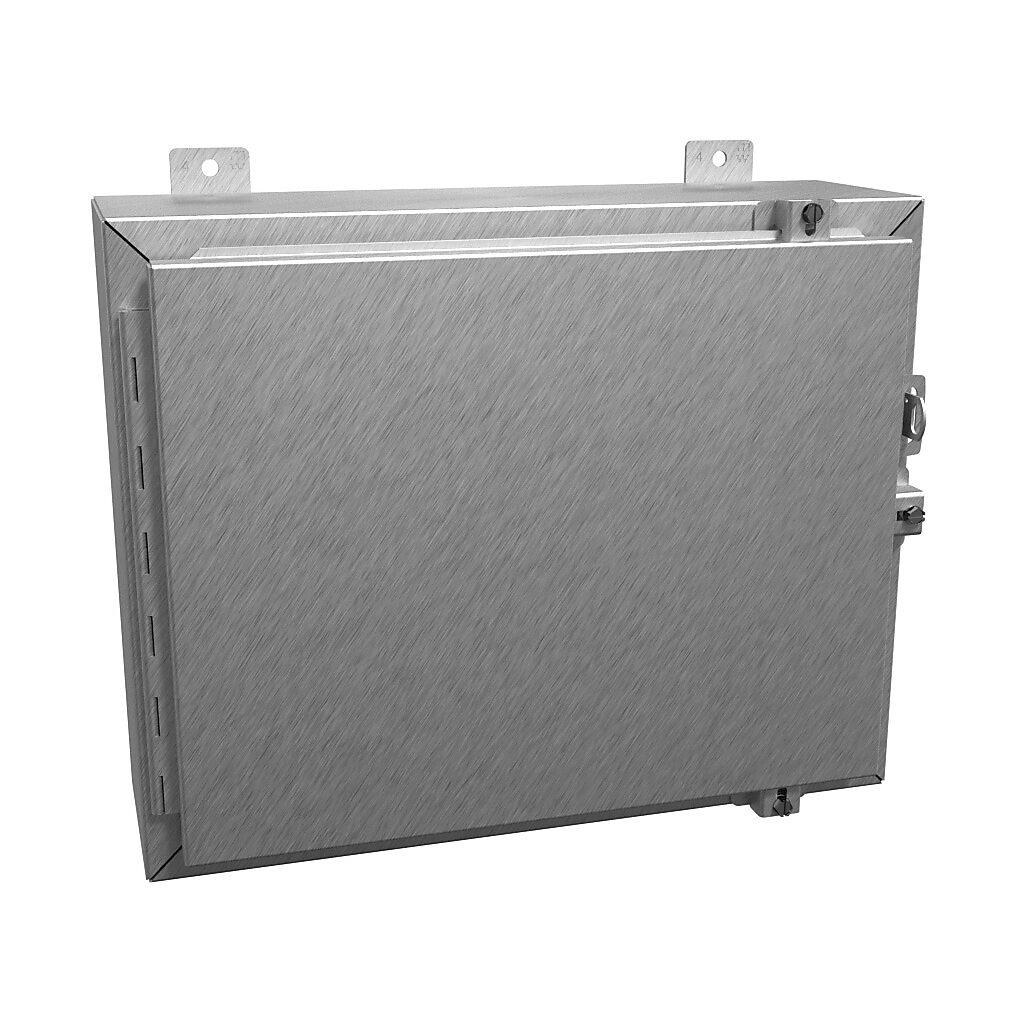 1418N4SSCR6 - Hammond enclosure, NEMA 3R/4/4X/12/13, 16 x 20 x 6in (HxWxD), wall mount, 304 stainless steel, #4 brush finish, single-door, stainless steel clamps, padlock hasp and staple.