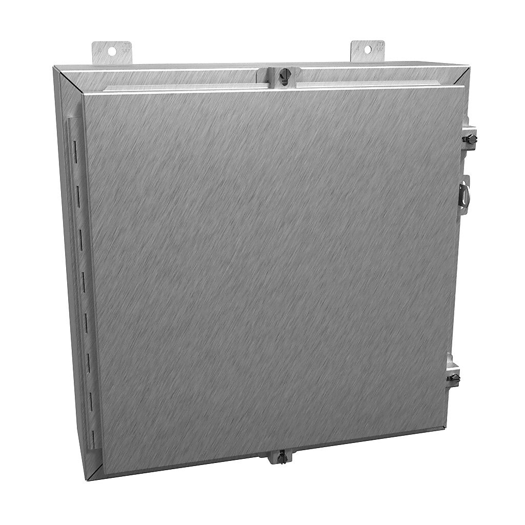 1418N4SSD6 - Hammond enclosure, NEMA 3R/4/4X/12/13, 20 x 20 x 6in (HxWxD), wall mount, 304 stainless steel, #4 brush finish, single-door, stainless steel clamps, padlock hasp and staple.