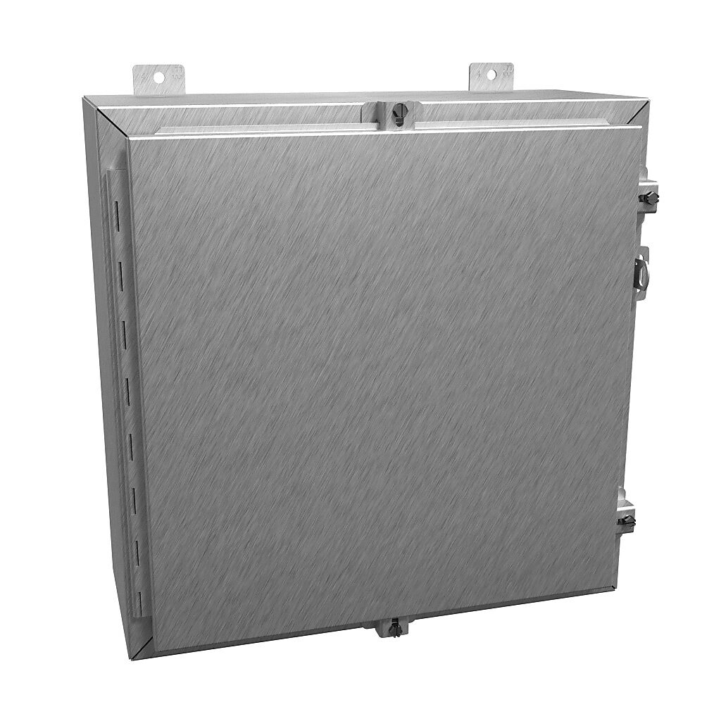 1418N4SSD8 - Hammond enclosure, NEMA 3R/4/4X/12/13, 20 x 20 x 8in (HxWxD), wall mount, 304 stainless steel, #4 brush finish, single-door, stainless steel clamps, padlock hasp and staple.