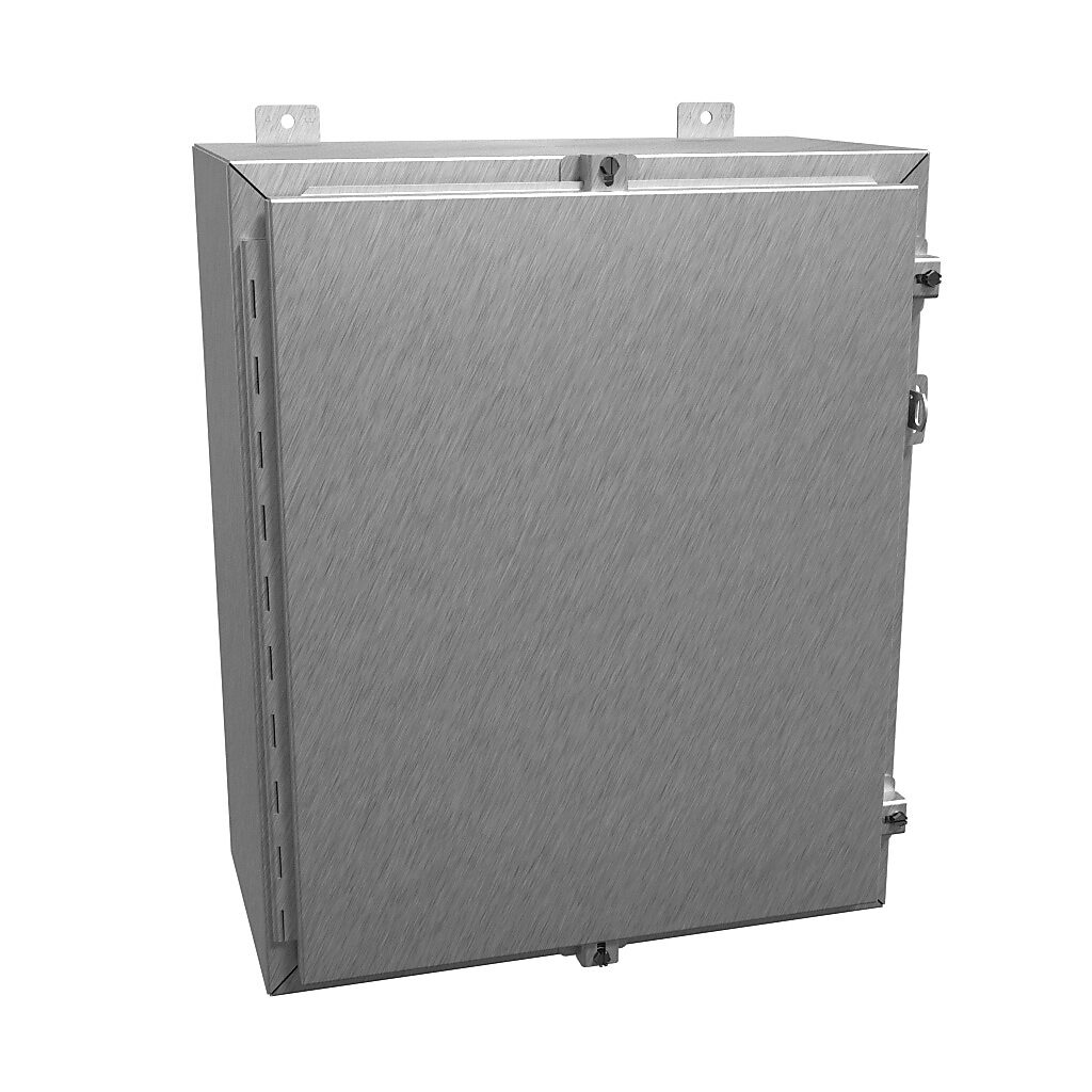 1418N4SSE10 - Hammond enclosure, NEMA 3R/4/4X/12/13, 24 x 20 x 10in (HxWxD), wall mount, 304 stainless steel, #4 brush finish, single-door, stainless steel clamps, padlock hasp and staple.
