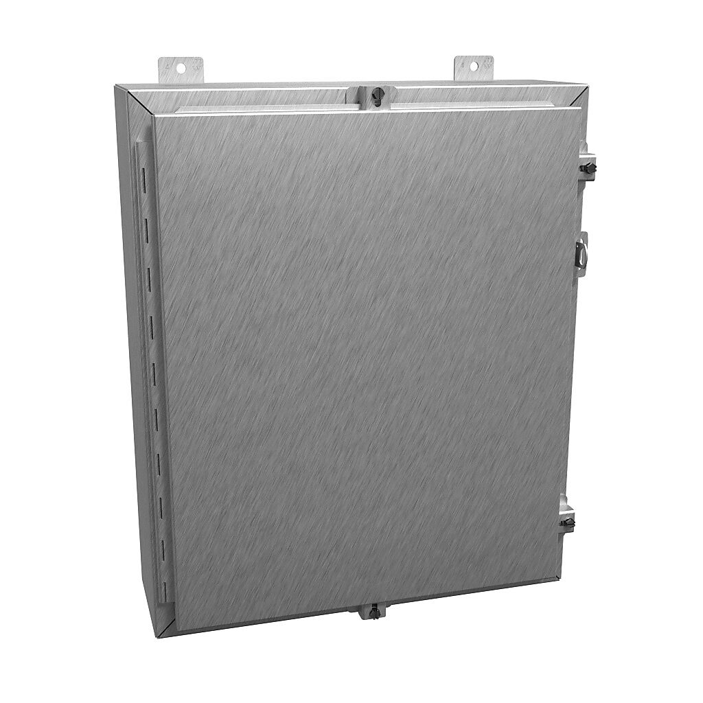 1418N4SSE6 - Hammond enclosure, NEMA 3R/4/4X/12/13, 24 x 20 x 6in (HxWxD), wall mount, 304 stainless steel, #4 brush finish, single-door, stainless steel clamps, padlock hasp and staple.