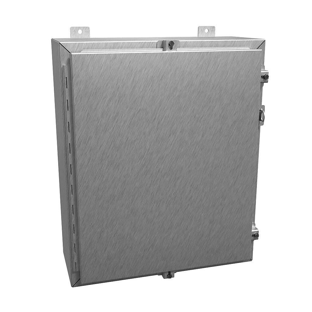 1418N4SSE8 - Hammond enclosure, NEMA 3R/4/4X/12/13, 24 x 20 x 8in (HxWxD), wall mount, 304 stainless steel, #4 brush finish, single-door, stainless steel clamps, padlock hasp and staple.