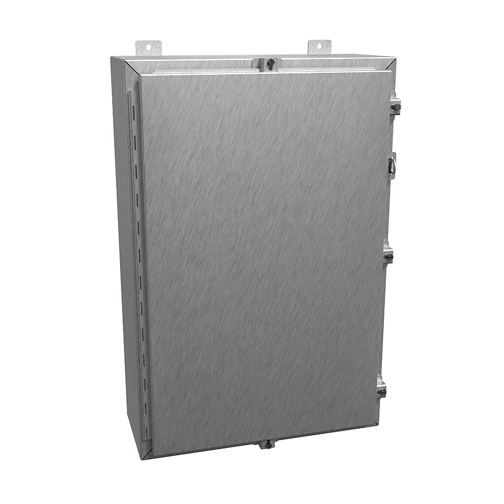 1418N4SSF8 - Hammond enclosure, NEMA 3R/4/4X/12/13, 30 x 20 x 8in (HxWxD), wall mount, 304 stainless steel, #4 brush finish, single-door, stainless steel clamps, padlock hasp and staple.