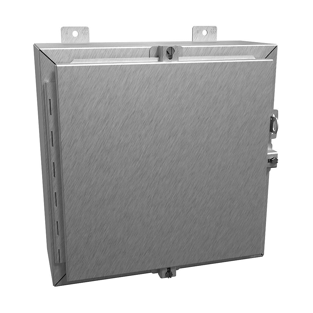 1418N4SSG6 - Hammond enclosure, NEMA 3R/4/4X/12/13, 16 x 16 x 6in (HxWxD), wall mount, 304 stainless steel, #4 brush finish, single-door, stainless steel clamps, padlock hasp and staple.