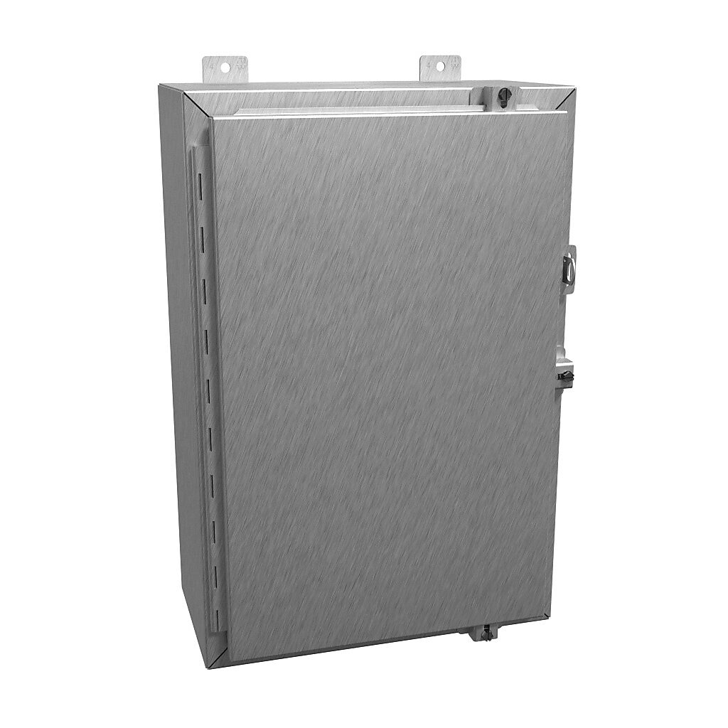 1418N4SSH8 - Hammond enclosure, NEMA 3R/4/4X/12/13, 24 x 16 x 8in (HxWxD), wall mount, 304 stainless steel, #4 brush finish, single-door, stainless steel clamps, padlock hasp and staple.