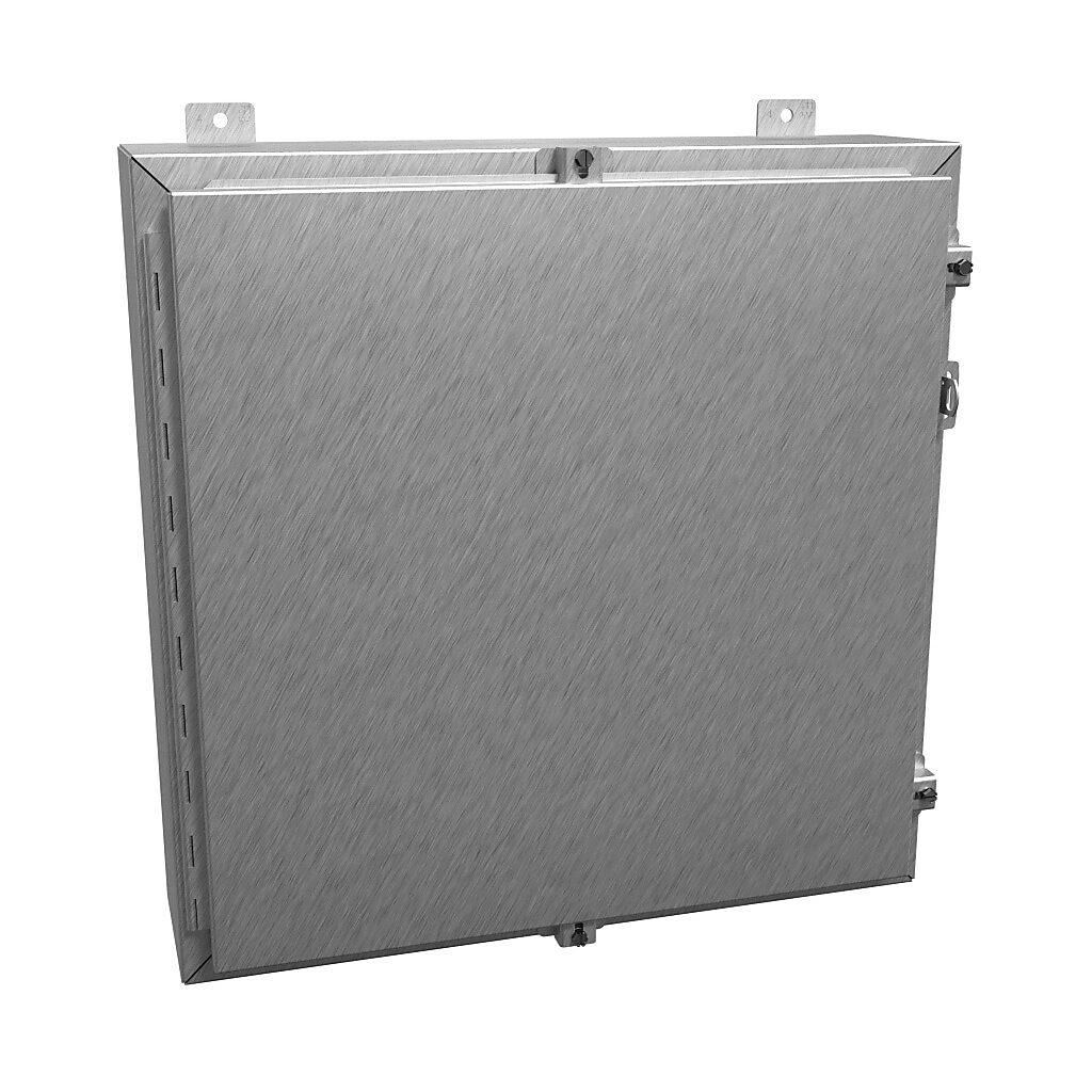 1418N4SSJ6 - Hammond enclosure, NEMA 3R/4/4X/12/13, 24 x 24 x 6in (HxWxD), wall mount, 304 stainless steel, #4 brush finish, single-door, stainless steel clamps, padlock hasp and staple.