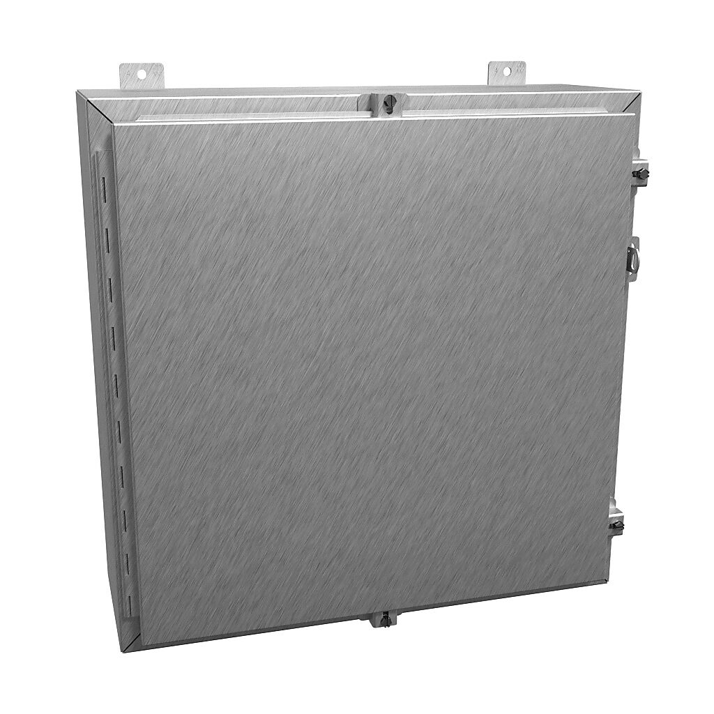1418N4SSJ8 - Hammond enclosure, NEMA 3R/4/4X/12/13, 24 x 24 x 8in (HxWxD), wall mount, 304 stainless steel, #4 brush finish, single-door, stainless steel clamps, padlock hasp and staple.