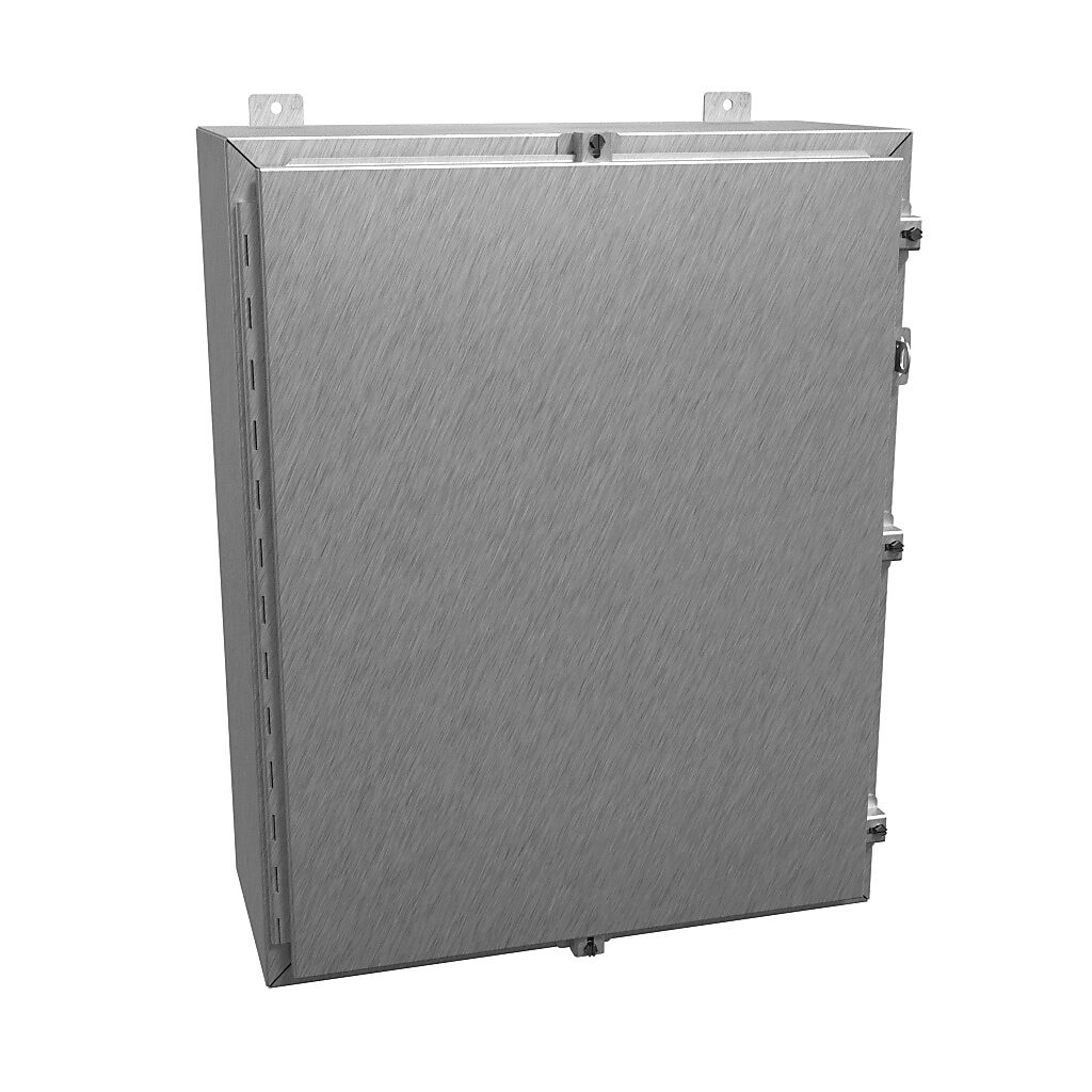 1418N4SSK10 - Hammond enclosure, NEMA 3R/4/4X/12/13, 30 x 24 x 10in (HxWxD), wall mount, 304 stainless steel, #4 brush finish, single-door, stainless steel clamps, padlock hasp and staple.