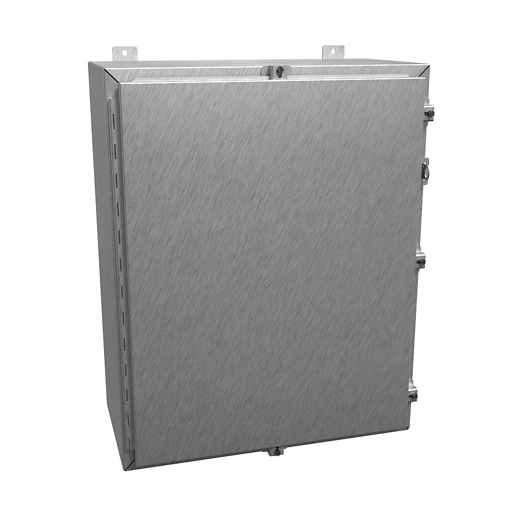 1418N4SSK12 - Hammond enclosure, NEMA 3R/4/4X/12/13, 30 x 24 x 12in (HxWxD), wall mount, 304 stainless steel, #4 brush finish, single-door, stainless steel clamps, padlock hasp and staple.