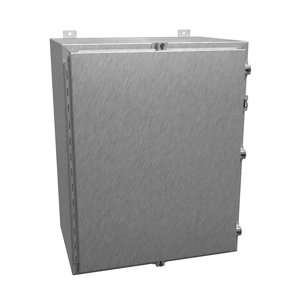 1418N4SSK16 - Hammond enclosure, NEMA 3R/4/4X/12/13, 30 x 24 x 16in (HxWxD), wall mount, 304 stainless steel, #4 brush finish, single-door, stainless steel clamps, padlock hasp and staple.