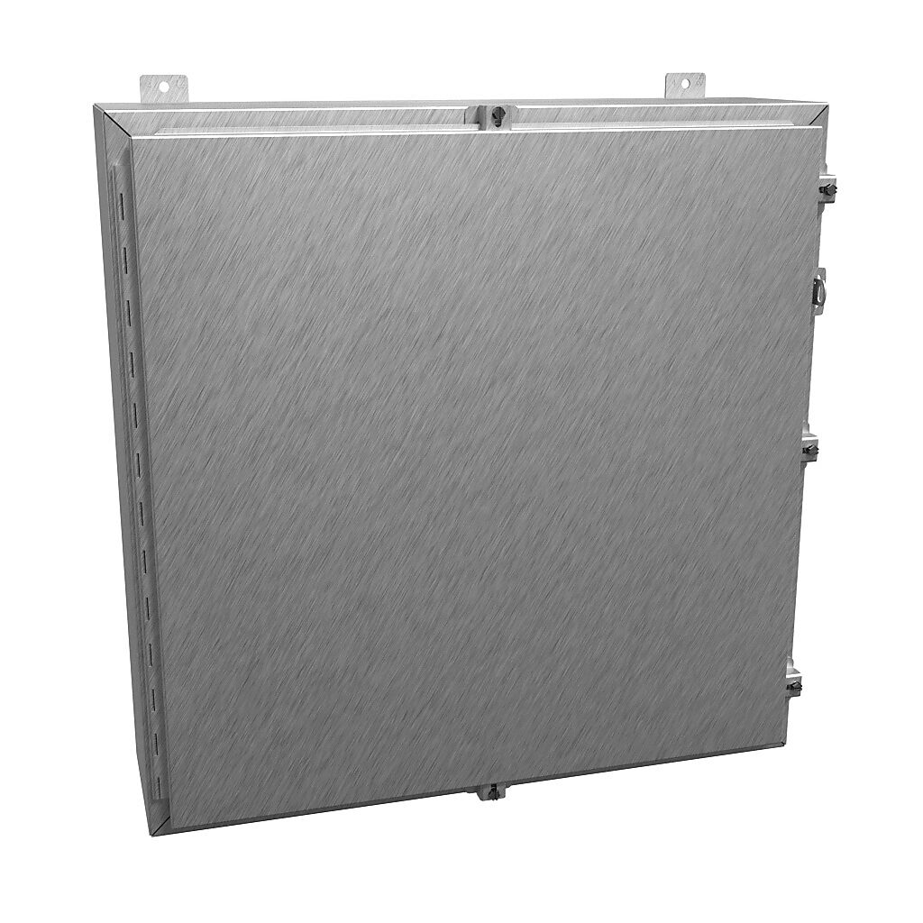 1418N4SSKK8 - Hammond enclosure, NEMA 3R/4/4X/12/13, 30 x 30 x 8in (HxWxD), wall mount, 304 stainless steel, #4 brush finish, single-door, stainless steel clamps, padlock hasp and staple.