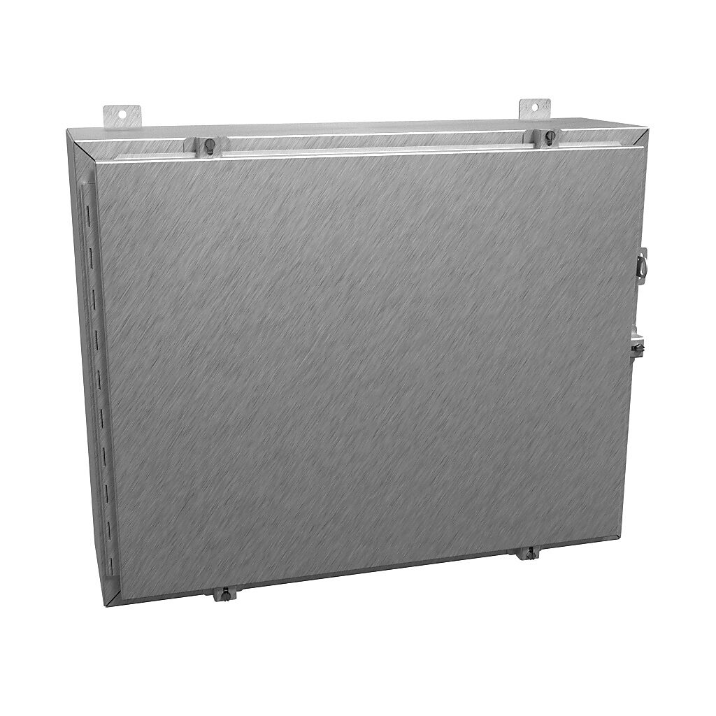 1418N4SSKR8 - Hammond enclosure, NEMA 3R/4/4X/12/13, 24 x 30 x 8in (HxWxD), wall mount, 304 stainless steel, #4 brush finish, single-door, stainless steel clamps, padlock hasp and staple.