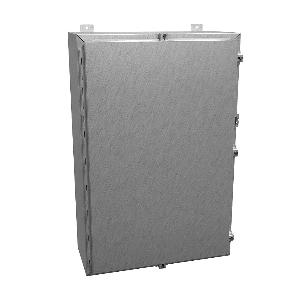 1418N4SSL10 - Hammond enclosure, NEMA 3R/4/4X/12/13, 36 x 24 x 10in (HxWxD), wall mount, 304 stainless steel, #4 brush finish, single-door, stainless steel clamps, padlock hasp and staple.