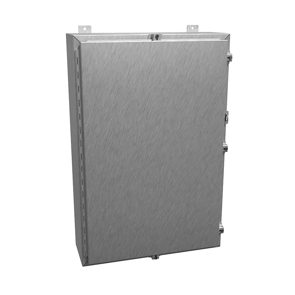 1418N4SSL8 - Hammond enclosure, NEMA 3R/4/4X/12/13, 36 x 24 x 8in (HxWxD), wall mount, 304 stainless steel, #4 brush finish, single-door, stainless steel clamps, padlock hasp and staple.