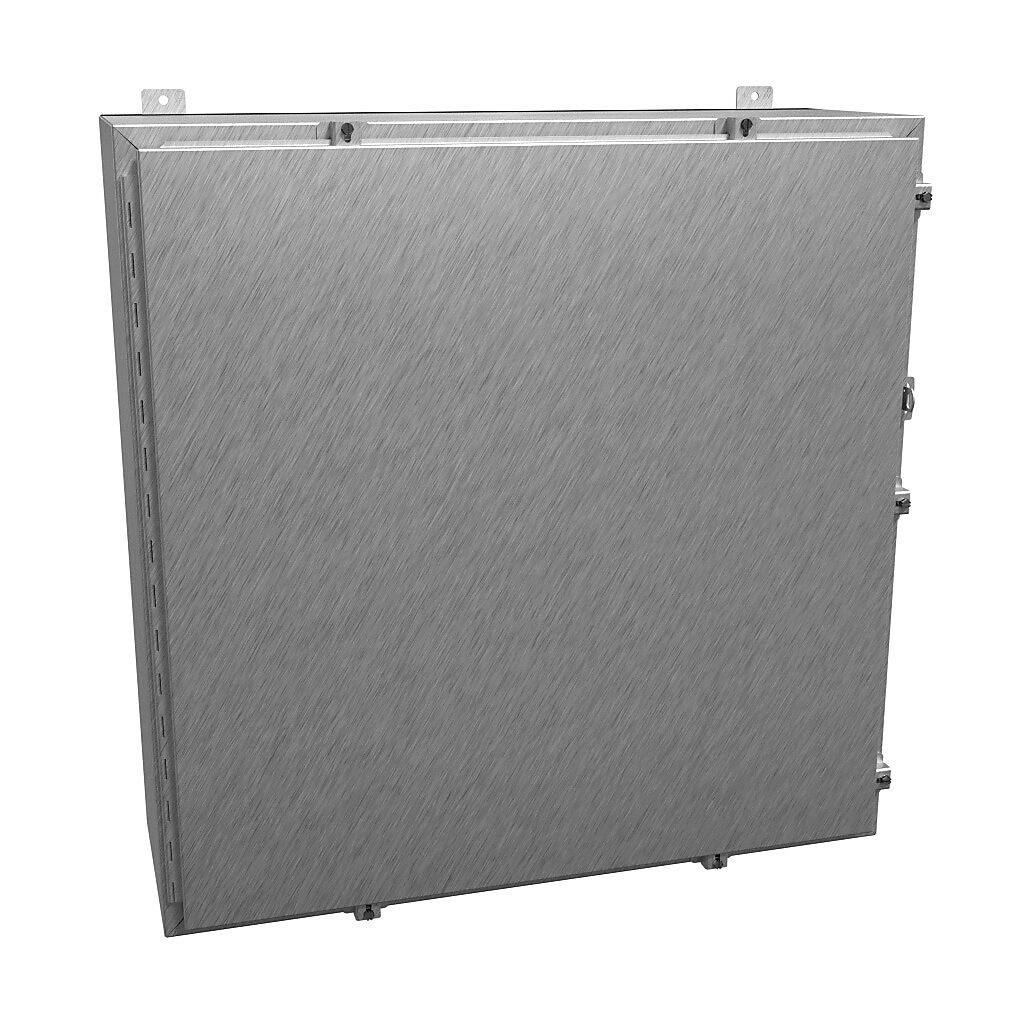 1418N4SSLL12 - Hammond enclosure, NEMA 3R/4/4X/12/13, 36 x 36 x 12in (HxWxD), wall mount, 304 stainless steel, #4 brush finish, single-door, stainless steel clamps, padlock hasp and staple.