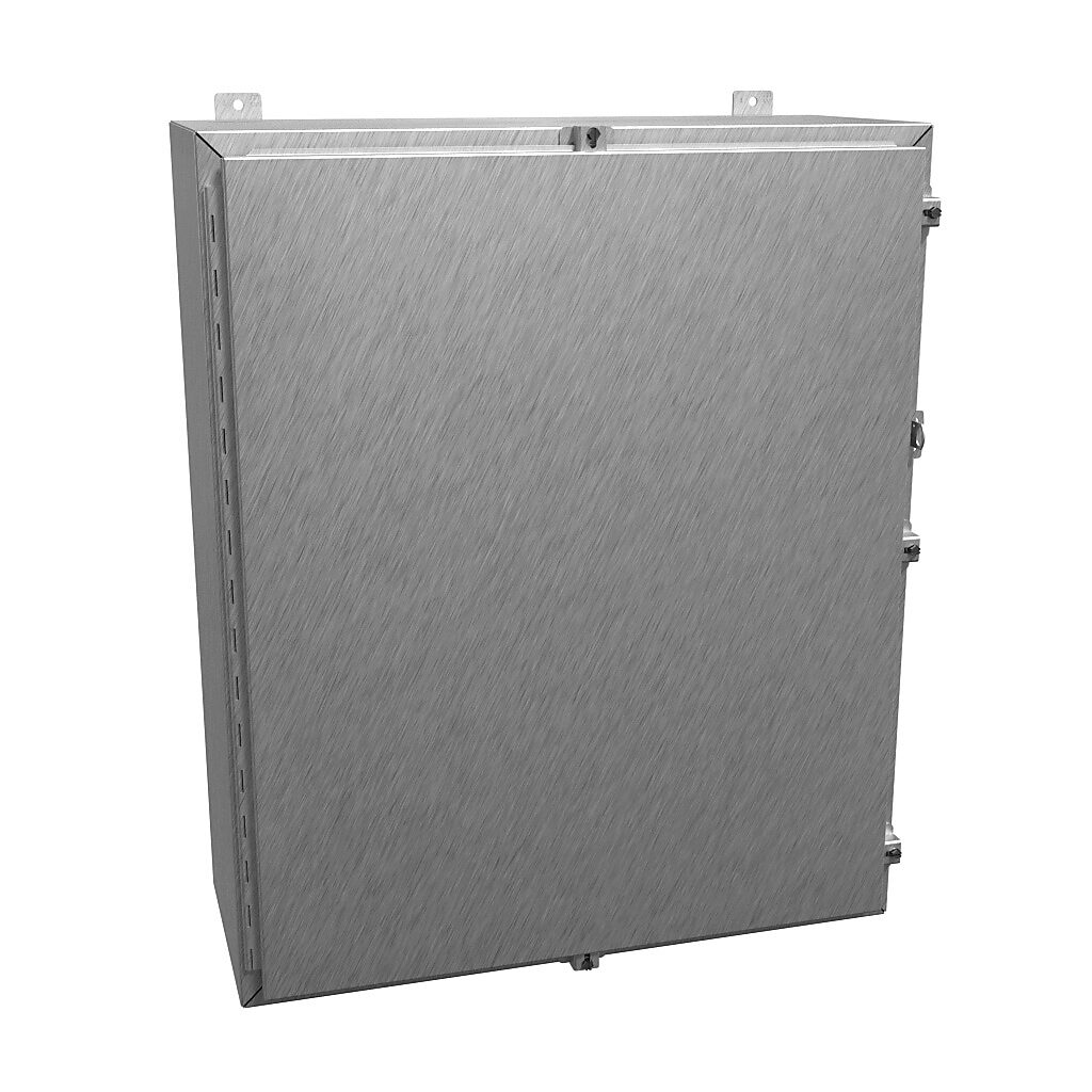 1418N4SSM12 - Hammond enclosure, NEMA 3R/4/4X/12/13, 36 x 30 x 12in (HxWxD), wall mount, 304 stainless steel, #4 brush finish, single-door, stainless steel clamps, padlock hasp and staple.