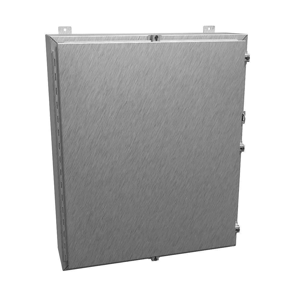 1418N4SSM8 - Hammond enclosure, NEMA 3R/4/4X/12/13, 36 x 30 x 8in (HxWxD), wall mount, 304 stainless steel, #4 brush finish, single-door, stainless steel clamps, padlock hasp and staple.