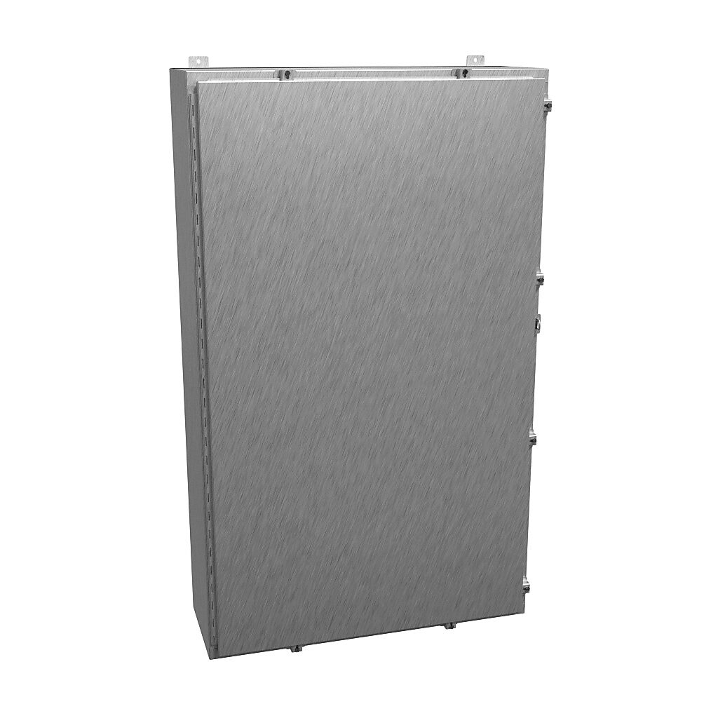 1418N4SST12 - Hammond enclosure, NEMA 3R/4/4X/12/13, 60 x 36 x 12in (HxWxD), wall mount, 304 stainless steel, #4 brush finish, single-door, stainless steel clamps, padlock hasp and staple.