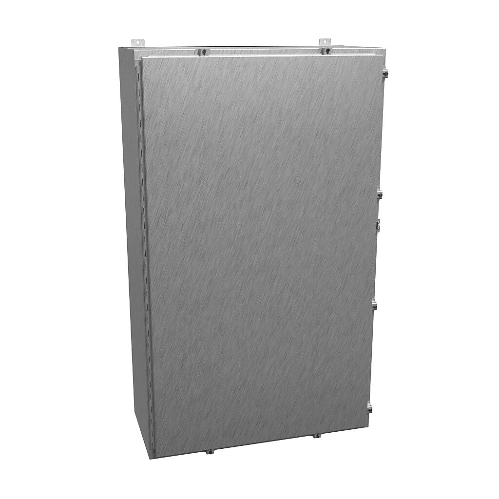 1418N4SST16 - Hammond enclosure, NEMA 3R/4/4X/12/13, 60 x 36 x 16in (HxWxD), wall mount, 304 stainless steel, #4 brush finish, single-door, stainless steel clamps, padlock hasp and staple.
