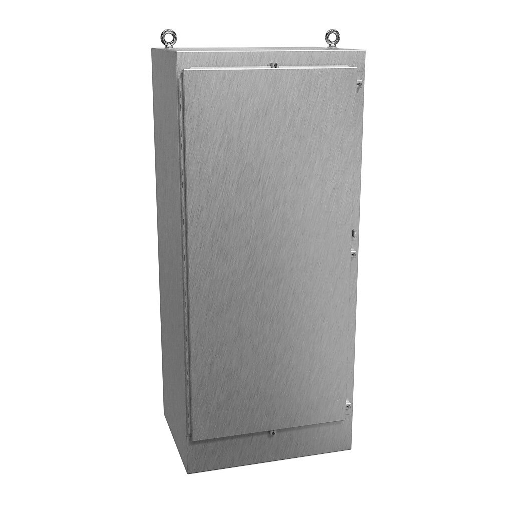 1418N4SSX24 - Hammond enclosure, NEMA 3R/4/4X/12/13, 72 x 30 x 24in (HxWxD), freestanding, 304 stainless steel, #4 brush finish, single-door, stainless steel clamps, padlock hasp and staple.
