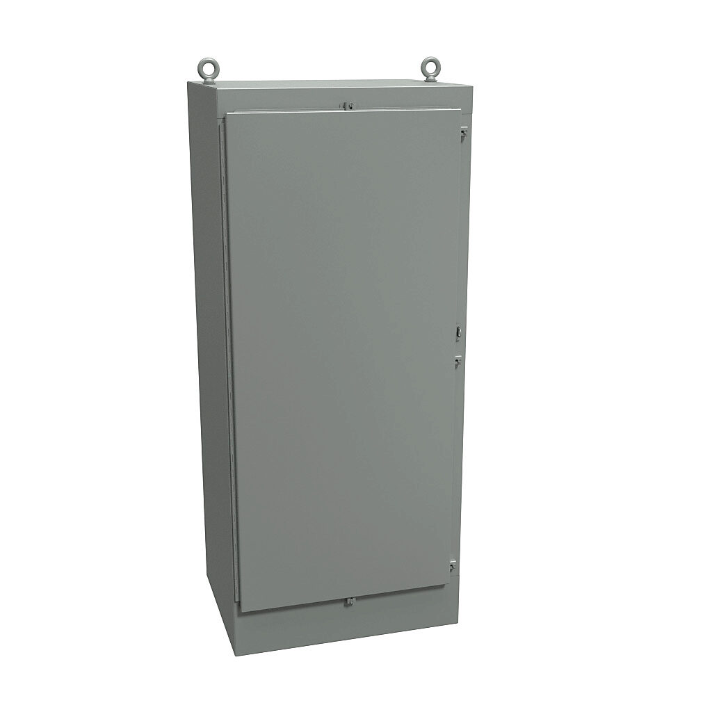 1418N4X24 - Hammond enclosure, NEMA 3R/4/12/13, 72 x 30 x 24in (HxWxD), freestanding, carbon steel, ANSI 61 gray, powder coat finish, single-door, stainless steel clamps, padlock hasp and staple.