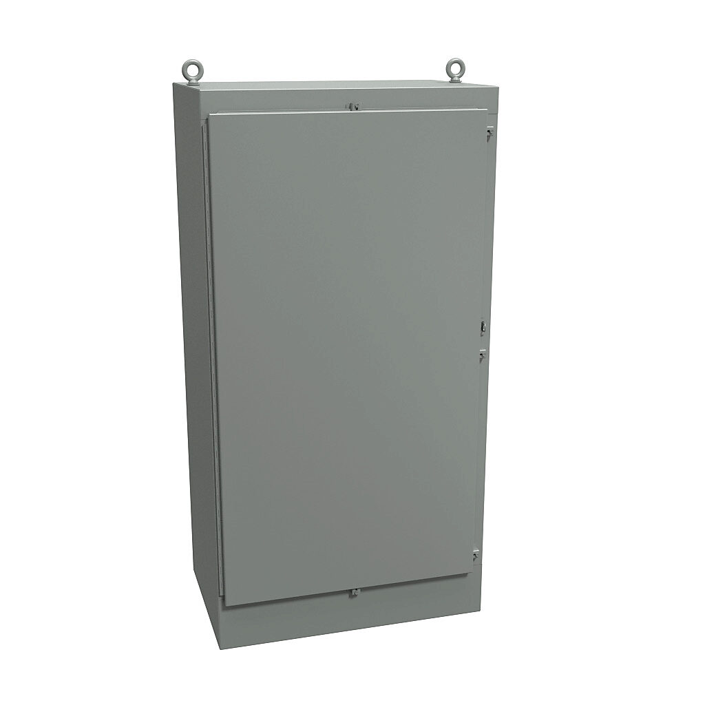 1418N4Y24 - Hammond enclosure, NEMA 3R/4/12/13, 72 x 36 x 24in (HxWxD), freestanding, carbon steel, ANSI 61 gray, powder coat finish, single-door, stainless steel clamps, padlock hasp and staple.