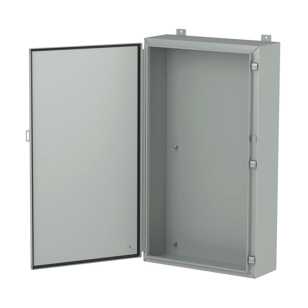 1418N8LP - Hammond enclosure, NEMA 3R/4/12/13, 42 x 24 x 8in (HxWxD), wall mount, carbon steel, ANSI 61 gray, powder coat finish, single-door, stainless steel clamps, padlock hasp and staple.