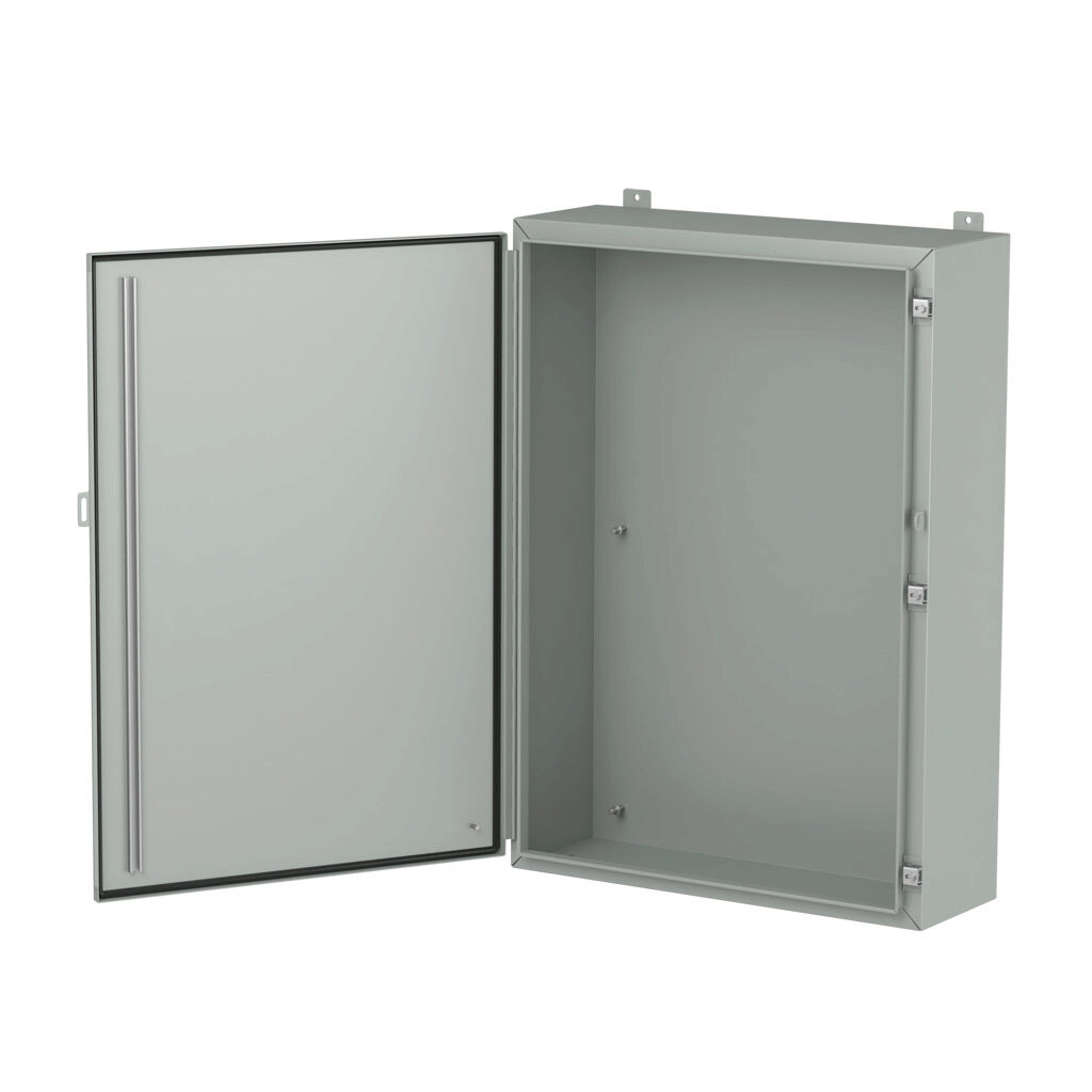 1418O10LP - Hammond enclosure, NEMA 3R/4/12/13, 42 x 30 x 10in (HxWxD), wall mount, carbon steel, ANSI 61 gray, powder coat finish, single-door, stainless steel clamps, padlock hasp and staple.