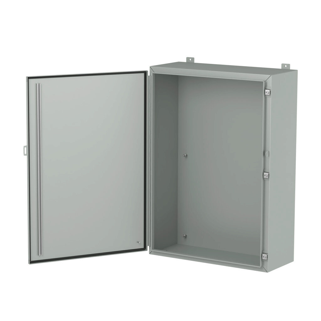 1418O12LP - Hammond enclosure, NEMA 3R/4/12/13, 42 x 30 x 12in (HxWxD), wall mount, carbon steel, ANSI 61 gray, powder coat finish, single-door, stainless steel clamps, padlock hasp and staple.