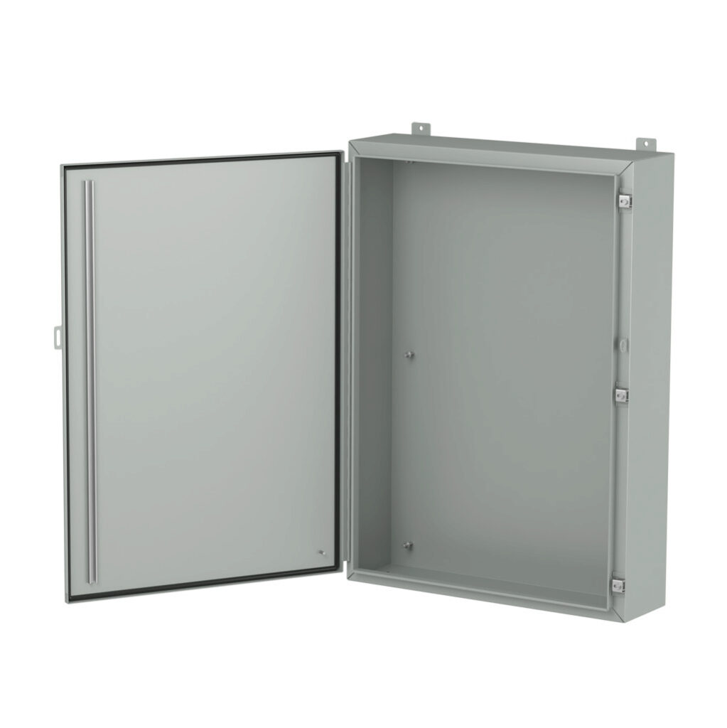 1418O8LP - Hammond enclosure, NEMA 3R/4/12/13, 42 x 30 x 8in (HxWxD), wall mount, carbon steel, ANSI 61 gray, powder coat finish, single-door, stainless steel clamps, padlock hasp and staple.