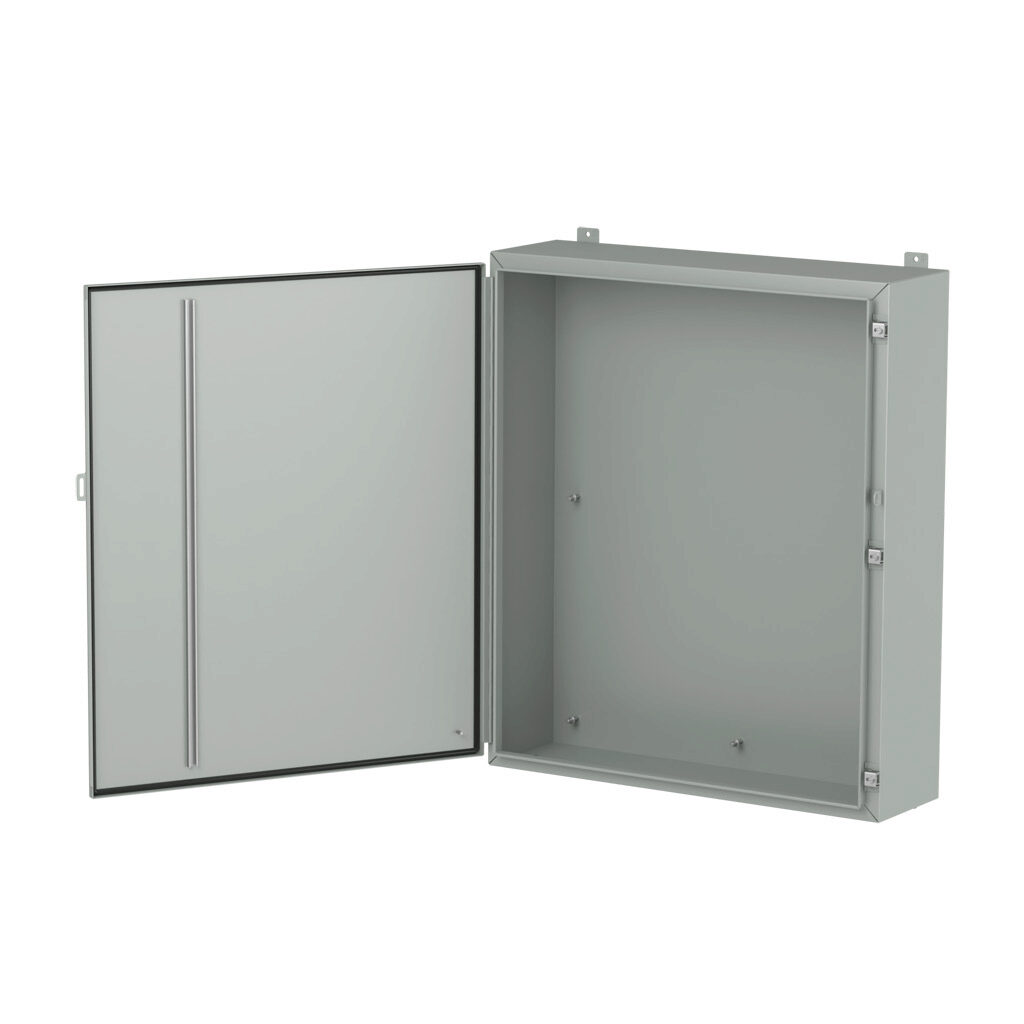 1418P10LP - Hammond enclosure, NEMA 3R/4/12/13, 42 x 36 x 10in (HxWxD), wall mount, carbon steel, ANSI 61 gray, powder coat finish, single-door, stainless steel clamps, padlock hasp and staple.