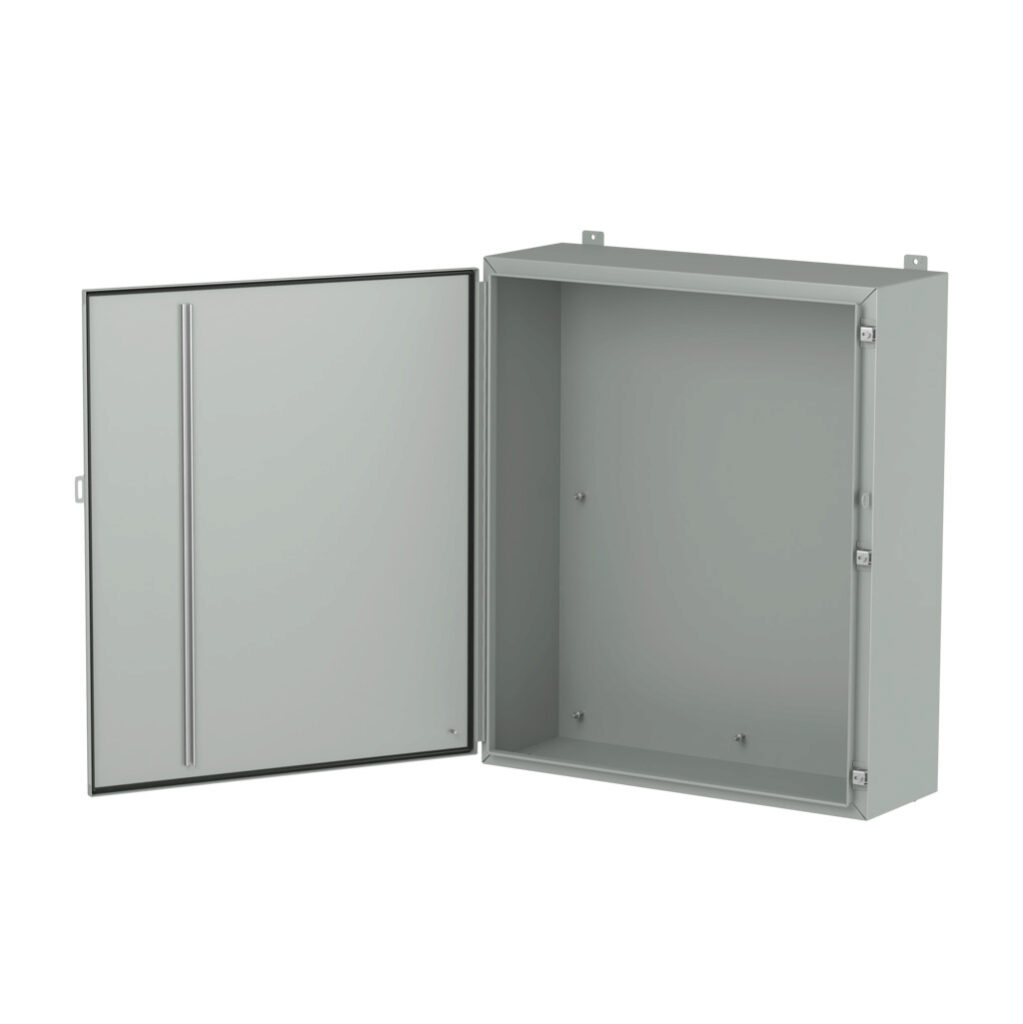 1418P12LP - Hammond enclosure, NEMA 3R/4/12/13, 42 x 36 x 12in (HxWxD), wall mount, carbon steel, ANSI 61 gray, powder coat finish, single-door, stainless steel clamps, padlock hasp and staple.