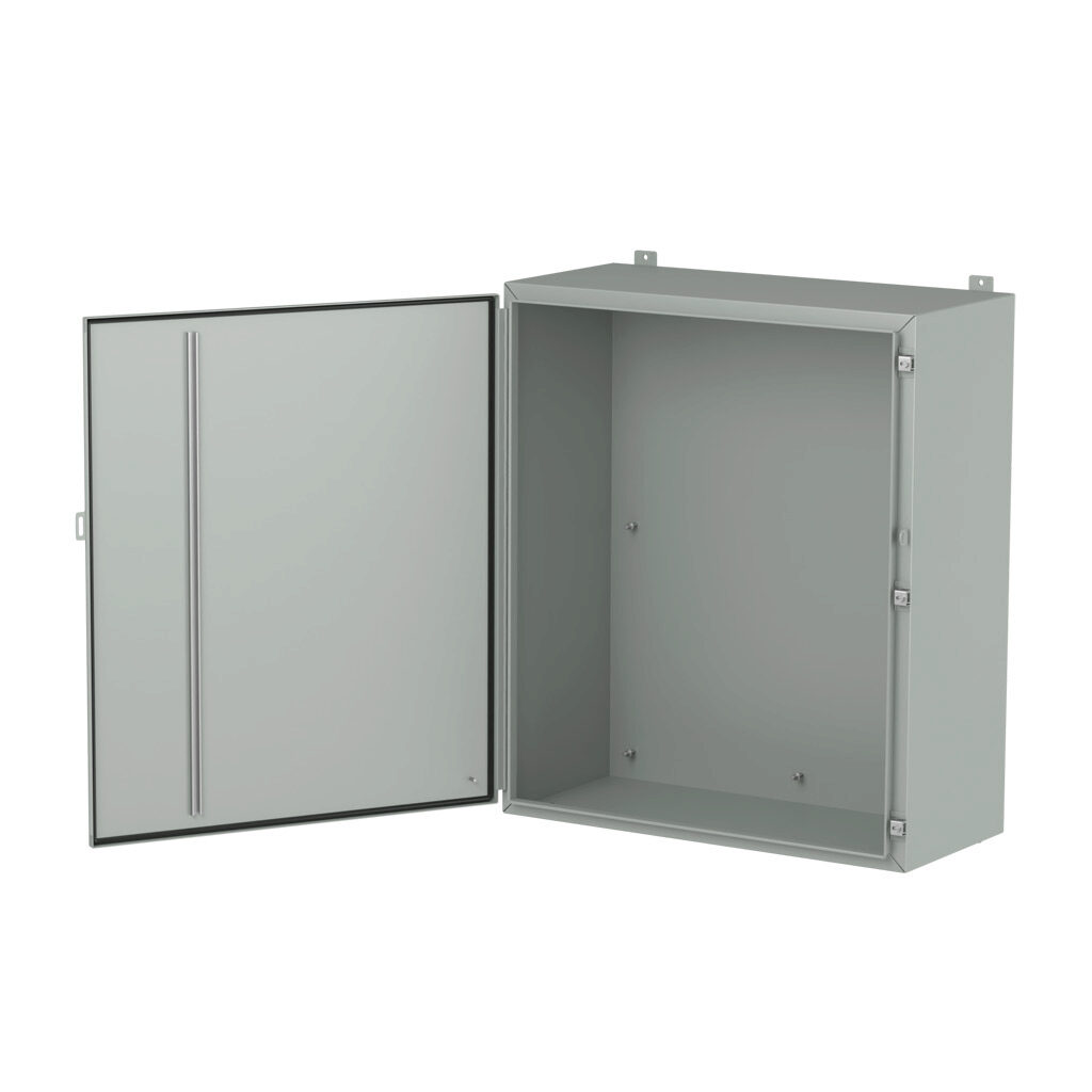 1418P16LP - Hammond enclosure, NEMA 3R/4/12/13, 42 x 36 x 16in (HxWxD), wall mount, carbon steel, ANSI 61 gray, powder coat finish, single-door, stainless steel clamps, padlock hasp and staple.