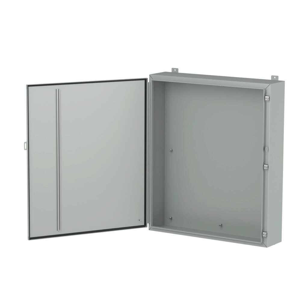 1418P8LP - Hammond enclosure, NEMA 3R/4/12/13, 42 x 36 x 8in (HxWxD), wall mount, carbon steel, ANSI 61 gray, powder coat finish, single-door, stainless steel clamps, padlock hasp and staple.