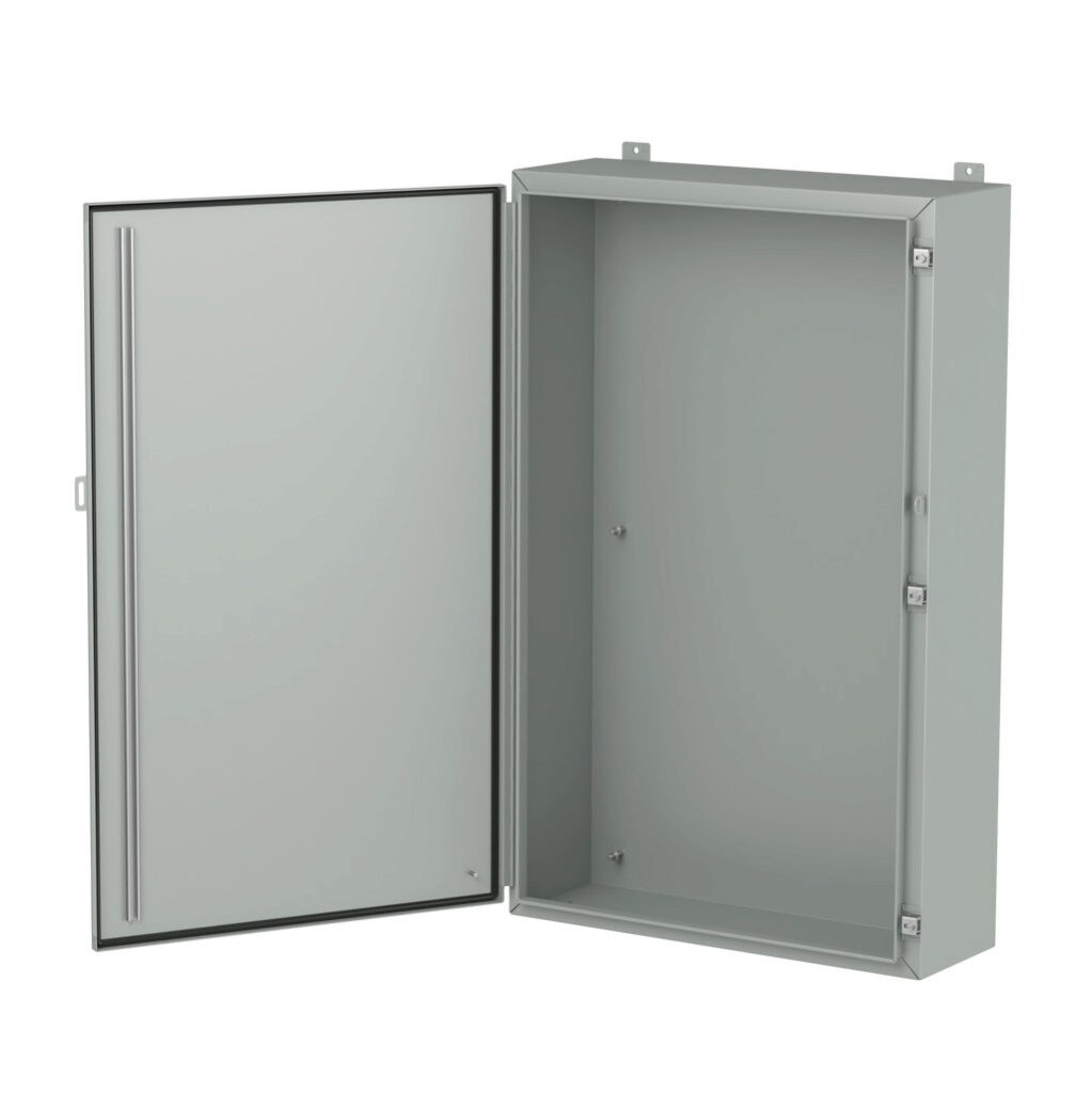 1418R10LP - Hammond enclosure, NEMA 3R/4/12/13, 48 x 30 x 10in (HxWxD), wall mount, carbon steel, ANSI 61 gray, powder coat finish, single-door, stainless steel clamps, padlock hasp and staple.